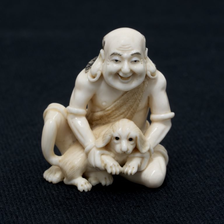 Mammoth Ivory Netsuke, Monk with His Animal Companion
