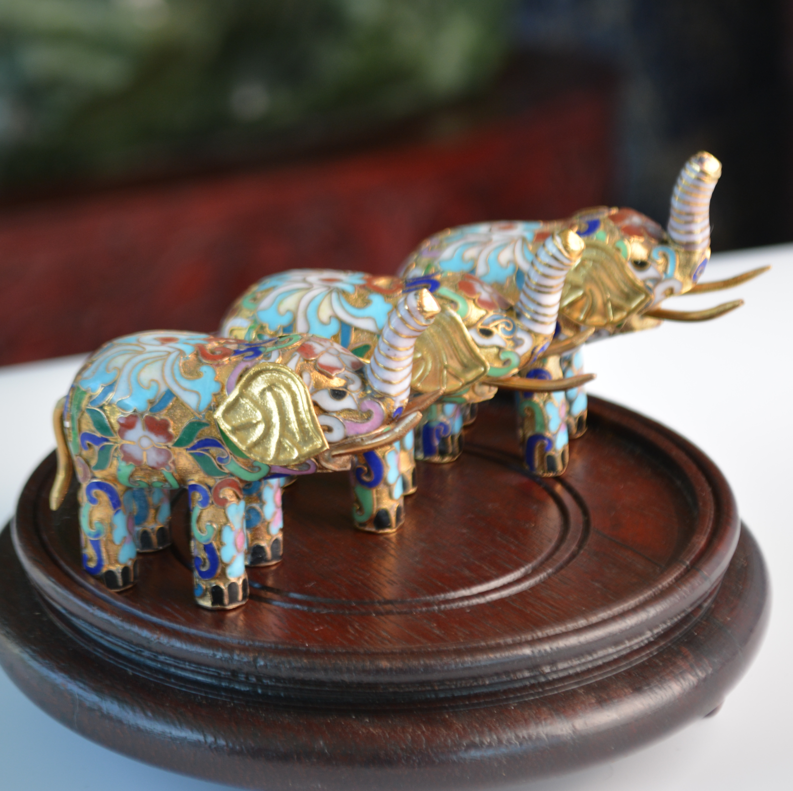 Trois fois plus de chance - Eléphants en cloisonné véritable